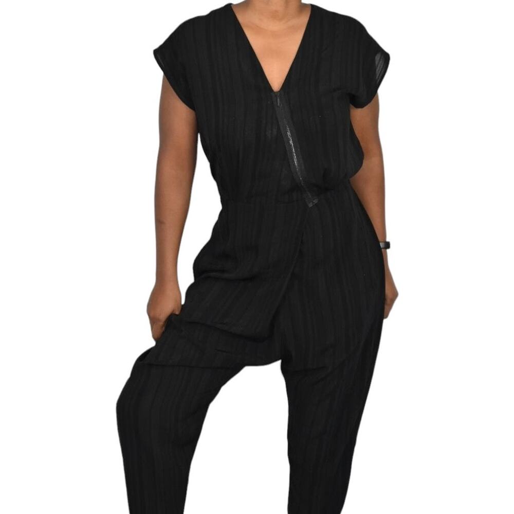 Miriam Ponsa Jumpsuit Black Sheer Asymmetric Zip Relaxed Trouser Blouson Small